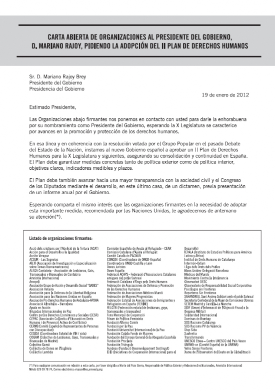 Carta abierta enviada al Presidente del Gobierno. Carta abierta enviada al Presidente del Gobierno.